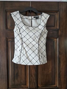 White House Black Market White and Black Windowpane Cap-Sleeve Blouse